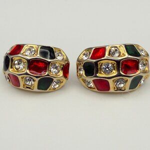 Vintage Gold Tone Rhinestone Red Green Enamel Clip-On Earrings
